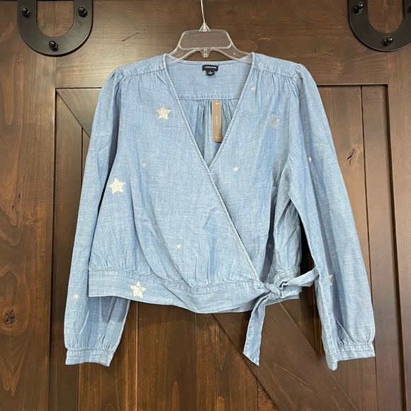 J. Crew Tops - J. Crew chambray wrap top with silver stars size Large